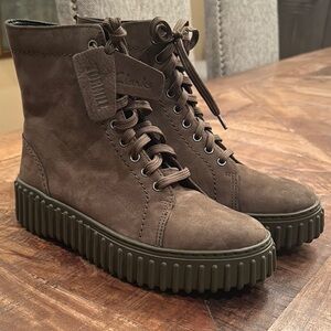 Clarks Torhill Rise Combat Moto Boots in Dark Olive Nubuck with Textured Sole